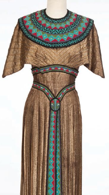 Gold lamé Egyptian gown worn by mezzo-soprano Blanche Thebom in The Great Caruso (c. 1951) designed by Helen Rose and Gile Steele. Egyptian Gown, Ancient Egypt Dress, Ancient Egypt Clothing, Egypt Clothes, Egyptian Inspired Fashion, Egypt Clothing, Ancient Egyptian Fashion, Ancient Egyptian Clothing, Egypt Dress