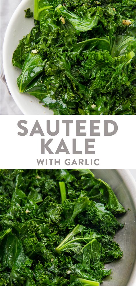 This sauteed kale is made with butter and garlic for an irresistible but super healthy side dish! It's our favorite way to eat kale, and it's made in five minutes. Plus, it's super easy to make vegan, paleo, or Whole30, and a great way to get your leafy greens. #kale #sidedish #vegan #paleo #whole30 Kale Sauteed, Kale Side Dish, Easy Kale Recipes, Cooked Kale, Roasted Eggplant Pasta, How To Cook Kale, Sauteed Kale, Healthy Side Dish, Couple Cooking