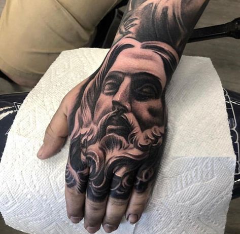 Statue Hand Tattoo, Hand Sleeve Tattoo, Hand Tattoos Men, Jesus Forearm Tattoo, Jesus Hand Tattoo, Forearm Tattoo Designs, Cross Tattoo On Hand, Jesus Hand, Hand Tattoo Designs