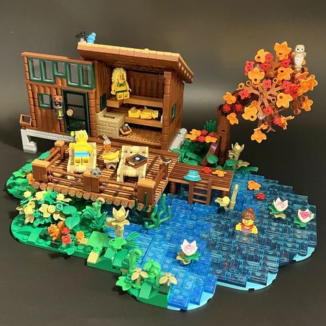 Lego Building Ideas Easy, Lego Waterfall Ideas, Lego Nature Ideas, Lego Town Ideas, Lego Cottage, Lego City Ideas, Lego Camping, Lego Log Cabin, Lego Ideas To Build