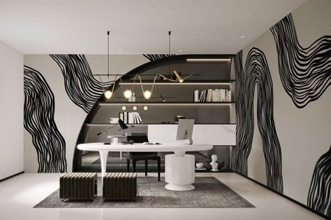 Minimalist Home Black And White, Space Black And White, Monochrome Interior Design, Office Update, Black And White Office, Dallas House, Office Wall Design, Interior Murals, Design Thinking Process