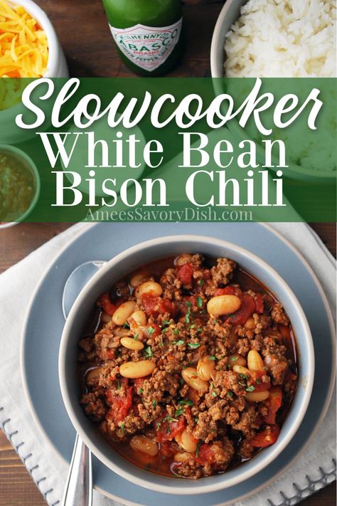 White bean bison chili is a healthier slow cooker chili recipe, loaded with excellent protein, fiber, lycopene, and good quality carbohydrates. Not to mention, it's super easy to make and incredibly delicious!! #bisonchili #bisonrecipe #chilirecipe #slowcookerchili #slowcookerrecipe #crockpotchili via @Ameecooks Bison Chili Recipe Healthy, Bison Chili Recipe Slow Cooker, Bison Chili Crockpot, Ground Bison Recipes Easy, Bison Chili Recipe, Ground Bison Recipes, Bison Chili, Soup Night, Bison Recipes