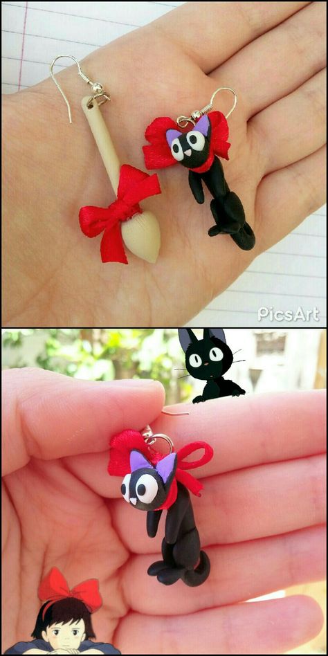 Handmade Kiki's delivery service polymer clay earrings 🐱🎀🐱🎀 Ghibli Studios, Kiki's Delivery Service, Cute School Supplies, Polymer Clay Crafts, Handmade Polymer Clay, Delivery Service, Clay Crafts, Polymer Clay Earrings, Clay Earrings