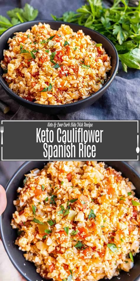 Keto cauliflower Spanish rice is a tasty, low carb alternative to the traditional dish. You can make this flavor packed dish quickly to serve it alongside your favorite Mexican inspired entrees. Make this simple Mexican cauliflower rice in 10 minutes and serve with your favorite low carb Tex-Mex dinner recipes. This easy cauliflower rice recipe is the perfect addition to any keto meal. Cauliflower Spanish Rice, Spanish Cauliflower Rice, Mexican Cauliflower Rice, Mexican Cauliflower, Cauliflower Rice Easy, Low Carb Side Dish, Cauliflower Rice Recipe, Low Carb Side, Keto Sides