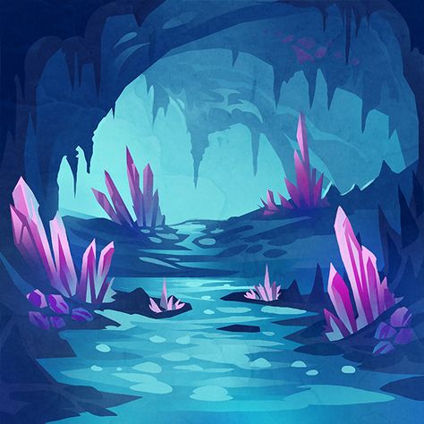 Magical Cave Illustration, Crystal Cave Illustration, Cave Plant, Underwater Sketch, Cave Concept Art, Crystal Landscape, Cave Illustration, 동화 삽화, 2d Game Art