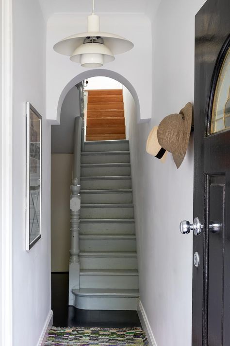 Narrow Terrace, 1890s House, Vintage Staircase, Terrace House Interior, Small Space Staircase, Edwardian Hallway, Terrace Renovation, Timber Stair, Loft Extension