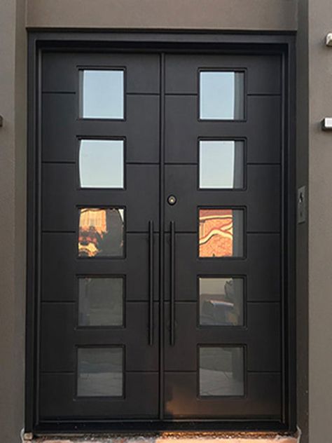 Contemporary Double Front Doors, Iron Double Door, Designer Doors, Double Door Entrance, Modern Entrance Door, Double Doors Exterior, Office Tables, Rod Iron, Door Jamb