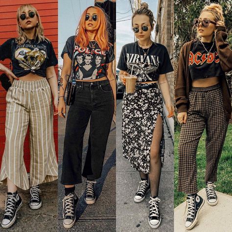 Classic high top cons and band tees🤌 Two staples that will live in my wardrobe forever ❤️ Which look is your fav? | Instagram Alternative Fashion Basics, Alternative Gig Outfit, Rock Boho Outfit, Classic Alternative Style, Alternative Mum Style, Edgy Mom Aesthetic, Summer Rock N Roll Outfits, Alternative Concert Outfit Fall, Rocker Mom Outfits