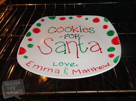 Make a DIY "Cookies For Santa" Plate Santa Claus Plates Cookies, Diy Santa Plate And Cup, Handprint Platter Diy, How To Make A Santa Cookie Plate, Hand Print Plates For Christmas, Diy Cookie Plate For Santa, Santa Cookie Plate Diy Kids Crafts, Homemade Santa Cookie Plate, Diy Santa Cookie Plate Hand Prints