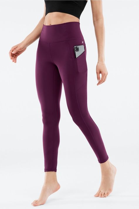 Oasis PureLuxe High-Waisted 7/8 Legging Fabletics purple female Activewear >> Womens >> Bottoms >> Leggings >> 7/8s PureLuxe regular Yoga and Studio 4-Way Stretch/Chafe-Resistant/External Pocket(s)/Moisture-Wicking/Pockets/UPF Protection Buttery-soft pocket style in PureLuxe Purple Breathable Leggings For Training, Purple Breathable High Stretch Leggings, Fabletics Plum Leggings, Compressive Purple Leggings For Sportswear, Purple 4-way Stretch Leggings For Athleisure, Fabletics Leggings, Purple Leggings, Ankle Leggings, Athletic Leggings