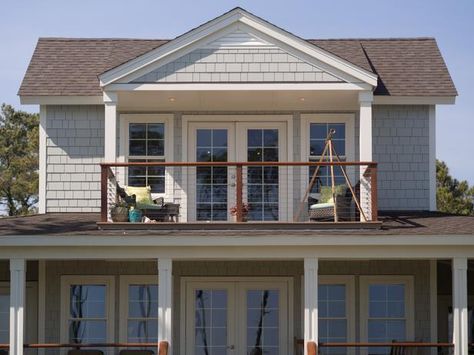 Second Story Balcony Master Suite, Porch With Balcony On Top, 2nd Story Balcony Back Of House, Bedroom Porch Balconies, Double Door Balcony, Balcony Addition Second Story, Balcony Above Porch, Add Balcony To House, Upstairs Balcony Ideas Master Suite