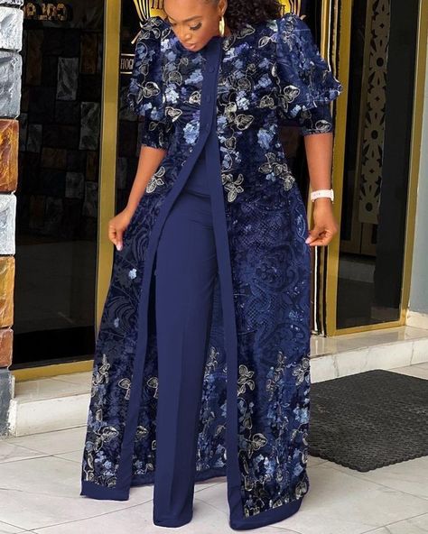 Lace Trousers Outfit Classy, African Jumpsuit Outfits Ankara, Lace Kimono With Dress, Modern Kimono Fashion Outfits, Lace Kimono Outfit, Long African Dresses, African Prom Dresses, African Wear Dresses, African Maxi Dresses