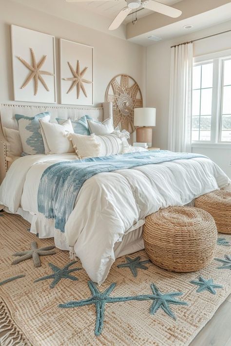 Beachy Accent Wall, Coastal Bedrooms Ideas, Greek Inspired Bedroom, Coastal Accent Wall, Sea Theme Bedroom, Sea Bedroom Ideas, Boho Room Design, Beachy Boho Bedroom, Beach Room Ideas