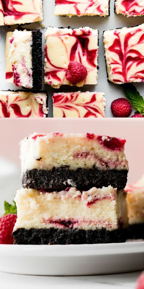 Raspberry Oreo Desserts, Raspberry Cheesecake With Chocolate Crust, Dark Chocolate Raspberry Cheesecake Bars, White Chocolate Raspberry Cheesecake Cupcakes, Raspberry Cheesecake With Oreo Crust, Mini White Chocolate Raspberry Cheesecake, Oreo Raspberry Cheesecake, Cheesecake Bars Wedding, White Chocolate Raspberry Cheesecake Bars