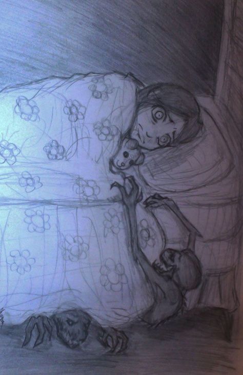 Monster Under The Bed Art, Bed Drawing Reference, Monsters In My Head, Inktober Inspiration, Bed Drawing, Creepy Aesthetic, Monster Under The Bed, Horror Drawing, Chat Kawaii