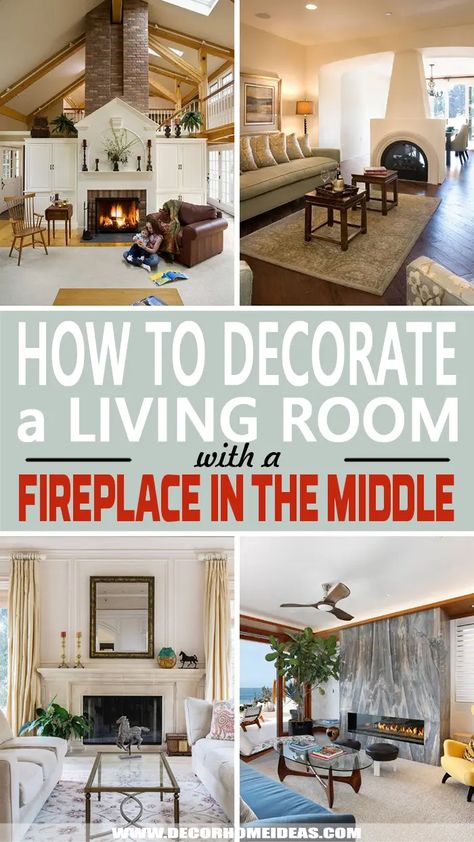 How To Decorate a Living Room With Fireplace In The Middle. Having a fireplace in the middle of the living room creates different options to decorate and style it. Whether you like symmetry or not, there are plenty of great design ideas in this article. Living Room With Chimney In The Middle, Couches In Front Of Fireplace, Formal Sitting Room Ideas With Fireplace, Couch Back To Fireplace, Living Room With Fireplace In The Middle, Styling Living Room With Fireplace, Round Living Room Design, Square Living Room With Fireplace, How To Decorate Floor In Front Of Fireplace