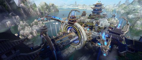 ArtStation - Science fiction Chinese style, Chen Yu Chinese City, Matte Painting, Minecraft Designs, Environment Design, City Design, Minecraft Houses, Fantasy Landscape, Chinese Style, Cyberpunk