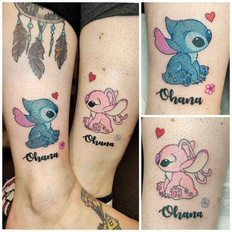 Stitch And Angel Tattoo Couple, Stitch Tattoos For Women, Besties Tattoos, Dreamer Tattoo, Cute Disney Tattoos, Disney Stitch Tattoo, Lilo And Stitch Tattoo, 50 Tattoo, Mom Daughter Tattoos