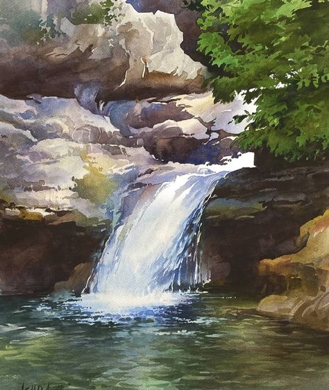 Waterfall Paintings, Waterfall Art, Make Pictures, 수채화 그림, Watercolor Landscape Paintings, Watercolor Paintings Tutorials, Watercolor Art Lessons, Abstract Landscape Painting, Landscape Pictures