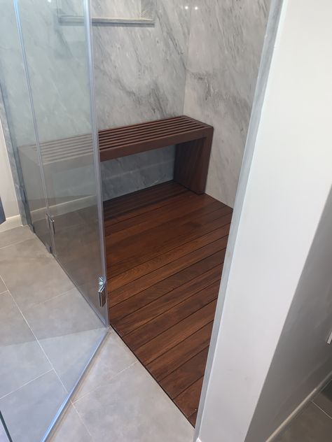 Real teakwood and bench Shower With Wooden Bench, Teakwood Shower Bench, Wooden Shower Bench, Teak Shower Floor, Teak Bathroom, Teak Flooring, Teak Bench, Bathroom Inspiration Modern, Small Showers