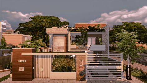 Here's another eco building for my #EcoNewcrestProject. The interior is decorated with a boho chic style and counts 1 bedroom for a couple with walk in closet, 1 bathroom and 1 studio that you can transform into a second bedroom or whatever you like. More pics at my twitter @Whoatemyravioli Sims 4 Boho House, Boho Chic House, Sims 4 No Cc, Eco Buildings, Sims Houses, Boho Chic Style, Boho House, Sims 4 Build, My Gallery