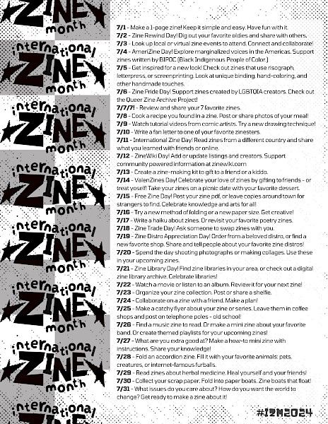 Black and white flyer for International Zine Month 2024. Includes 31 prompts for each day of the month. Includes the hashtag #IZM2024 Zine Themes, Zine Prompts, Making Zines, Pubmats Graphic Design, Zine Ideas, Creative Practice, Joshua James, Art Challenges, Zine Design