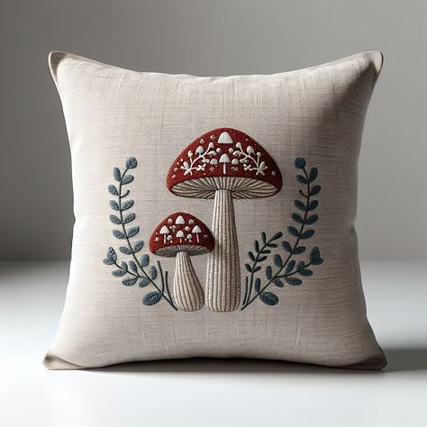 Decorative throw pillow featuring a whimsical mushroom embroidery design on a textured cotton cover, adding a woodland touch to any cottagecore living space. #smallbusiness #fantasy #whimsical #cottagecore #gofundme #linkinbio #pillow Mushroom Pillow, Whimsical Cottagecore, Mushroom Embroidery, Cottagecore Living, Pillow Embroidery, Baby Pillows, Unique Throw Pillows, Creative Hobbies, Go Fund Me