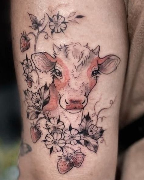 Step into the farmyard of fashion with cow tattoo designs! We've rounded up over 70 cow tattoo ideas that are just udderly irresistible. Cow And Moon Tattoo, Cow Tattoos For Women, Baby Cow Tattoo, Cute Cow Tattoo, Cow Tattoo Ideas, Fairytale Tattoo, Cow Tattoos, Highland Cow Tattoo, Arm Tattoos Color