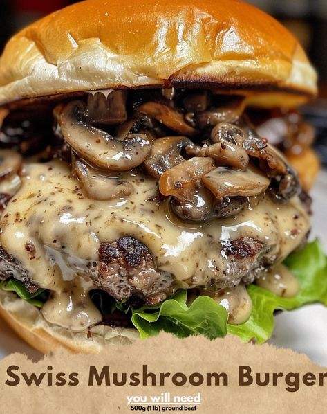 Swiss Mushroom Burger Ingredients: For the Burger Patties: 500g (1 lb) ground beef 1 small onion, finely chopped 1 egg 1/2 cup (50g) breadcrumbs 1 tsp salt 1/2 tsp black pepper For the Mushroom Sauce: 2 tbsp butter 250g (8 oz) mushrooms, sliced 1 garlic clove, minced 1/4 cup (60ml) beef stock 1/4 cup (60ml) cream Salt and pepper to taste For Assembly: 4 burger buns 4 slices Swiss cheese Lettuce and tomato slices (optional) Instructions: Prepare the Burger Patties: In a large bowl, mix ground... Fancy Burger Recipes, Mushroom Onion Burger, Mushroom Swiss Burger Recipe, Bacon Mushroom Swiss Burger, Burger With Mushrooms And Onions, Mushroom Provolone Burger, Mushroom And Swiss Burger, Bacon Mushroom Melt Burger, Blended Burger Mushroom