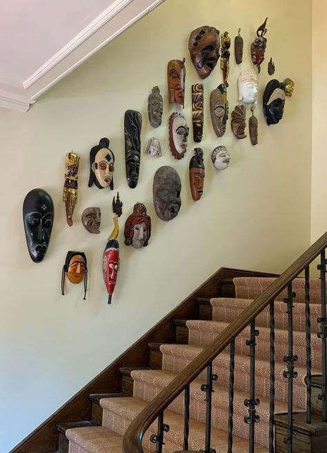 Hanging Masks On Wall Ideas, African Gallery Wall, Piedmont California, Mask Display, Africa Decor, Guys Room Aesthetic, Delivery Design, Mask Wall Decor, African Interior Design