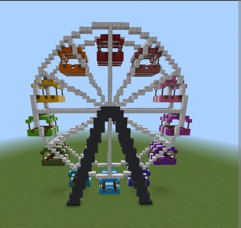 Minecraft Parks Ideas, Minecraft Ferris Wheel Tutorial, Minecraft Merry Go Round, Minecraft Car Park, Minecraft Roller Coaster Ideas Easy, Ferris Wheel Minecraft, Minecraft Birthday Builds, Minecraft Amusement Park Entrance, Minecraft City Decorations