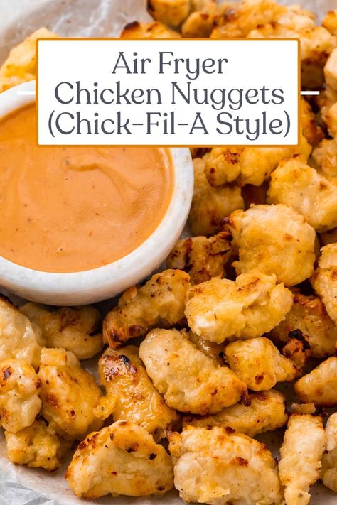 These air fryer chicken nuggets are simply the best! Made Chick-Fil-A style, they're quickly marinated in pickle juice for extra juicy nuggets, then cooked in the air fryer for nuggets that are easy to make and not fried in oil. Served with a copycat Chick-Fil-A sauce, these are my kids' favorite nuggets! Air Fryer Fried Chicken Nuggets, Air Fry Chicken Nuggets, Chick Fil A Nuggets Recipe, Air Fryer Chick Fil A Nuggets, Air Fryer Nuggets, Chick Fil A Nuggets Recipe Air Fryer, Air Fryer Chicken Nuggets Homemade, Gluten Free Air Fryer Chicken Nuggets, Homemade Chicken Nuggets Air Fryer