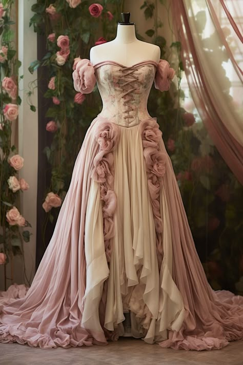 Rose flower inspired gown Enchanted Forest Gown Prom, Rose Inspired Dress, Garden Of Time Dress, Enchanted Gown, Fairy Gown, Rose Gown, Fairytale Gown, Fantasy Dresses, Royal Dresses