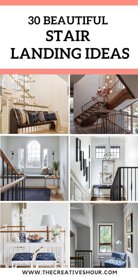 Bottom Stair Landing Ideas, Window Staircase Ideas, Ideas For Upstairs Landing Area, Big Landing Ideas Upstairs, Stair Landing Seating Area, Staircase With Window On Landing, Styling Staircase Landing, Landing Of Stairs Decor, Decor For Stair Landing