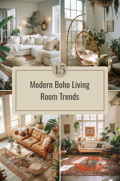 Transform your space with these 15 modern boho living room ideas that harmoniously combine chic and cozy vibes. Dive into unique inspirations like mid-century boho arrangements, stylish egg chairs, and vintage rugs that make your living area pop. Whether you're aiming for a relaxed bohemian space or planning a total makeover, these tips and ideas are sure to spark creativity! Let's create a living room that feels as good as it looks while staying fresh and inviting. Living Room Boho Chic Modern, Gray Couch Boho Living Room Ideas, Bohomenian Living Room, Classic Boho Style Living Rooms, Boho Wall Basket Decor Living Room, Modern Boho Apartment Decor, Bohemian Small Living Room, Hobo Chic Living Room, Boho Accent Chairs