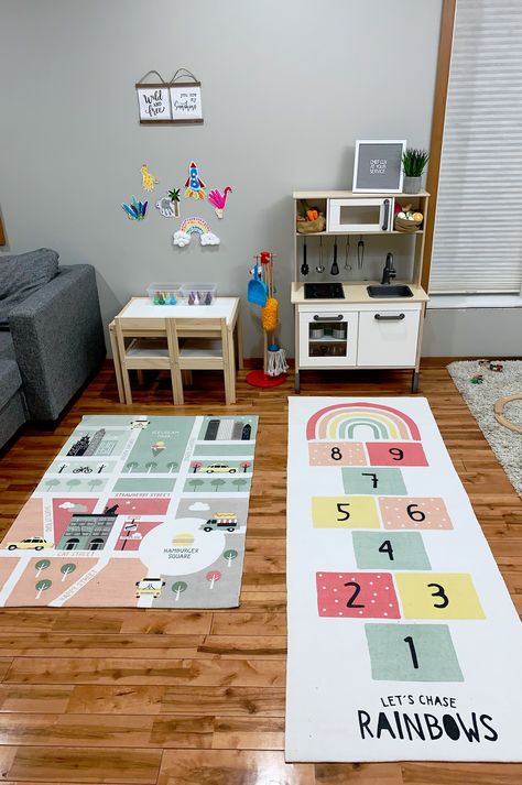 Playroom In Main Living Area, Small Home Play Area, Playing Corner In Living Room, Montessori Corner Living Room, Corner Play Area In Living Room, Playroom Corner In Living Room, Play Corner In Living Room Small Spaces, Living Room Decor Kid Friendly, Kids Play Corner In Living Room