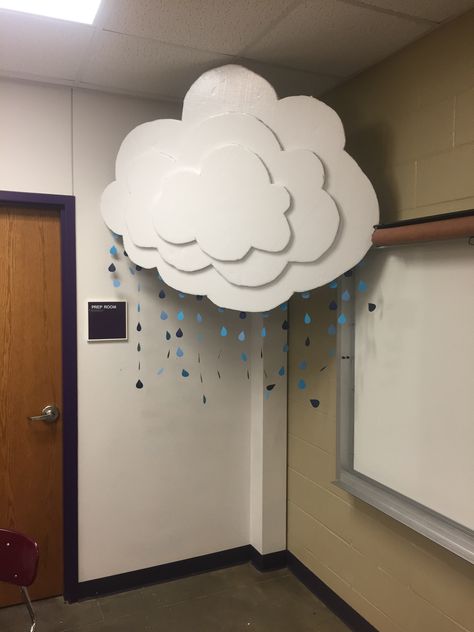 My take on a classroom cloud. I used  a sheet of styrofoam insulation from a home improvement store and raindrop cutouts hot glued to pieces of fishing line. Cost @ $15.00. Ceiling Crafts For Classroom, Sky Decorations Classroom, Bubble Classroom Theme, Sky Themed Classroom, Cloud Classroom Theme, Sky Classroom Theme, Cloud Bulletin Board, Dreamland Party, Rain Decor