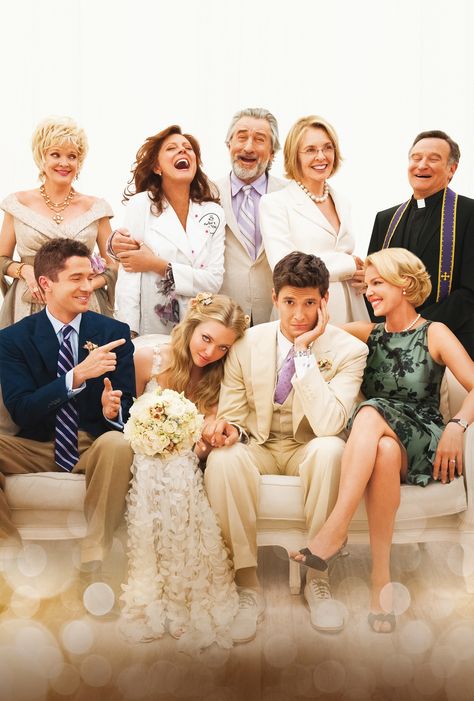 "The Big Wedding" movie poster artwork, 2013. Top row (L to R): Christine Ebersole, Susan Sarandon, Robert De Niro, Diane Keaton, Robin Williams. Bottom row (L to R): Topher Grace, Amanda Seyfried, Ben Barnes, Katherine Heigl. PLOT: A long-divorced couple (De Niro, Keaton) fakes being married as their family unites for a wedding of one of their daughters (Seyfried). It currently holds a 7% rating on Rotten Tomatoes. Amanda Seyfried Movies, The Big Wedding, Wedding Trailer, Movie Actors, Wedding Movies, Katherine Heigl, Susan Sarandon, Weddings By Color, Diane Keaton