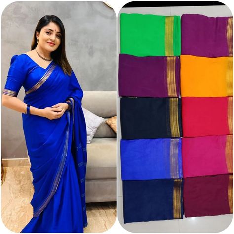 🔥 *Mix Semi-Mysore silk 5/5 Jambo Border sarees* 🔥 _120 grm thickness with Chit pallu_ _*This beautifully woven semi mix Mysore silk saree👌🏻 , with broad contrast borders of the saree has an amazingly detailed pattern in gold that adds to the traditional feel of the saree😘.* _*This beautiful saree is perfect for all festive occasions and this wedding season🎉. .* The thickness of the saree is 120 GSM* *Price : 1200-* *Free Shipping*bhav For Booking WhatsApp On 7975962979 Sandal Colour Saree Contrast Blouse, Mysore Silk Saree Blouse Designs, Latest Mysore Silk Saree, Semi Mysore Silk Saree, Blue Mysore Silk Saree, Ksic Mysore Silk Saree Blouse, Mysore Silk Saree Colours, Ksic Mysore Silk Saree, Ksic Mysore Silk Saree With Price