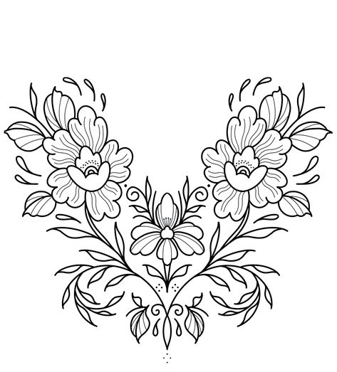 Flower Border Tattoo Frames, Floral Chest Tattoo Design, Medieval Flower Tattoo, Tattoo Flash Drawing, Black Outline Flower Tattoo, Norwegian Flower Tattoo, Mexican Marigold Tattoo, Floral Uterus Tattoo, Mexican Flowers Tattoo