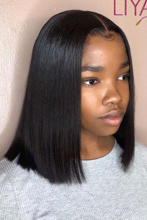 Short Bone Straight Hair Black Women, Long Bob Hairstyles Black Women Middle Part, Shoulder Length Bob Haircut Black Women, Straight Bobs For Black Women, Shoulder Length Hair On Black Women, Middle Part Lob Black Women, Long Bob Silk Press, Short Straight Natural Hair Black Women Bob Styles, Sleek Pressed Natural Hair