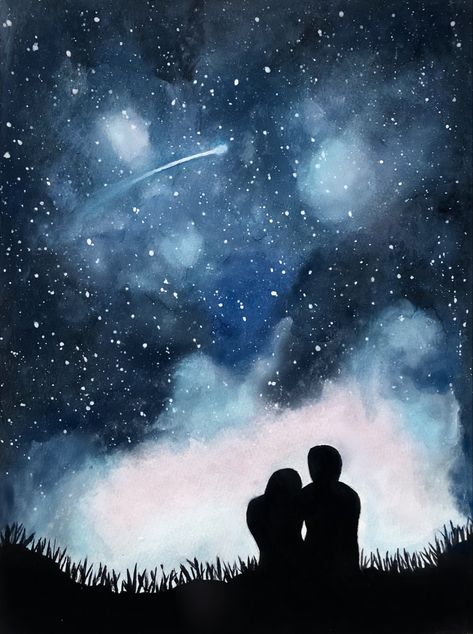 Couple Laying Under The Stars, Night Sky Couple Under The Stars Painting, Love Silouhette Aesthetic, Painting Of Stars Night Skies, Stars Night Painting, Painting Ideas On Canvas Aesthetic Couple, Night Stars Drawing, Stars Watercolor Painting, Moon Silhouette Painting