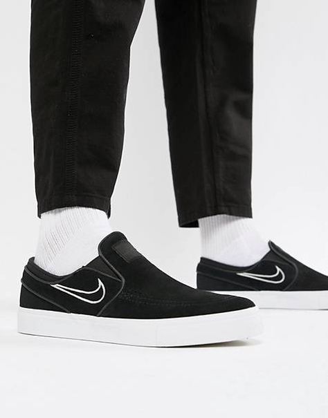 Nike SB Zoom Stefan Janoski Slip On Trainers In Black 833564-004 Nike Sb Zoom Stefan Janoski, Blond Amsterdam, Casual Shoes Outfit, Nike Sb Zoom, Nike Shoes Outfits, Stefan Janoski, Suede Trainers, Slip On Trainers, Nike Trainers