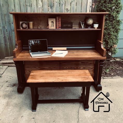 Piano To Desk Diy, Piano Into Desk, Piano Redo Ideas, Diy Piano Desk, Turn Of The Century Arts And Crafts, Piano Desk Ideas, Piano Diy Projects, Refurbished Piano Ideas, Piano Diy Repurposed