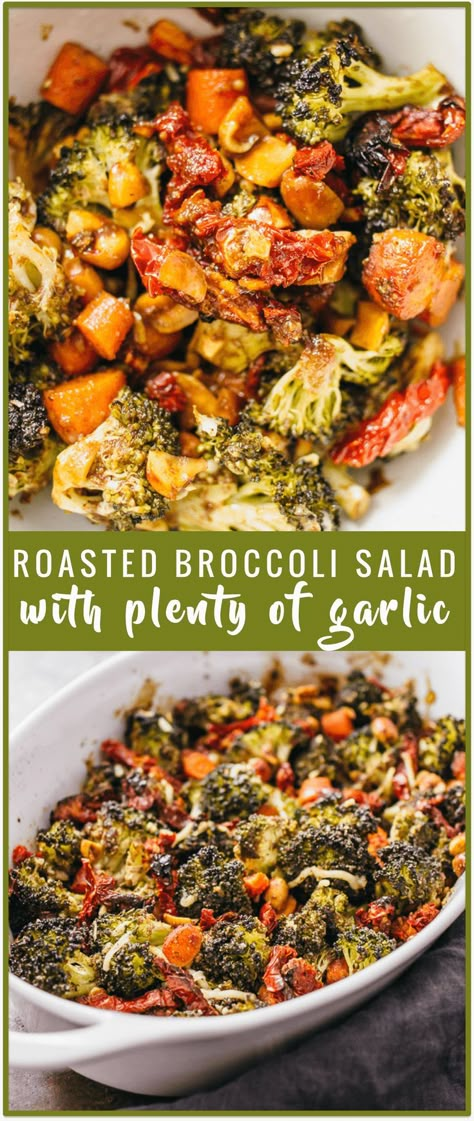 Roasted broccoli salad with garlic - This is one of my favorite recipes for roasted vegetables! This is a delectable roasted broccoli salad with carrots, parmesan cheese, and PLENTY of garlic. It’s an easy and healthy recipe that anyone can make in the oven to serve as a veggie side dish or a main. - savorytooth.com [sponsored post] Fall Vegetable Side Dishes, Spiral Vegetable Recipes, Roasted Broccoli Salad, Salad With Carrots, Vegetable Casserole Recipes, Veggie Side Dish, Roasted Vegetable Recipes, Vegetable Casserole, Recipes Meat