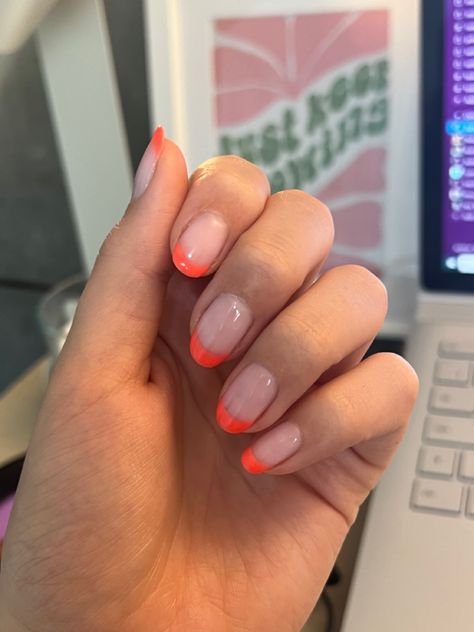 Neon coral french tips #neon #coral #french #frenchtips #nails #manicure #gels #mylee #beyourself #gelnails #gelnaildesigns #myleedesigns #almond #almondnails #nail #ideas #designs #summer #spring #bright #brights #bold Coral Tips Nail, Coral Tip Nails, Neon Orange French Tips, Coral French Tips, Coral French Tip Nails, Neon French Tip Nails, Frenchtips Nails, Nail Ideas Designs, Neon Coral Nails