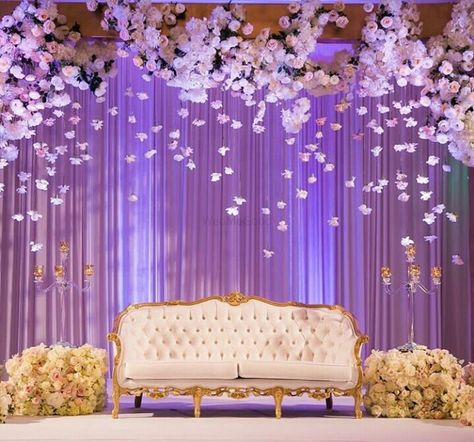 Elegant stage backdrop with hanging floral strings in white Engagement Stage Decoration, Reception Stage Decor, Wedding Stage Backdrop, Wedding Hall Decorations, Wedding Stage Decor, Reception Backdrop, Rustic Wedding Decorations, Wedding Reception Backdrop, Wedding Stage Design