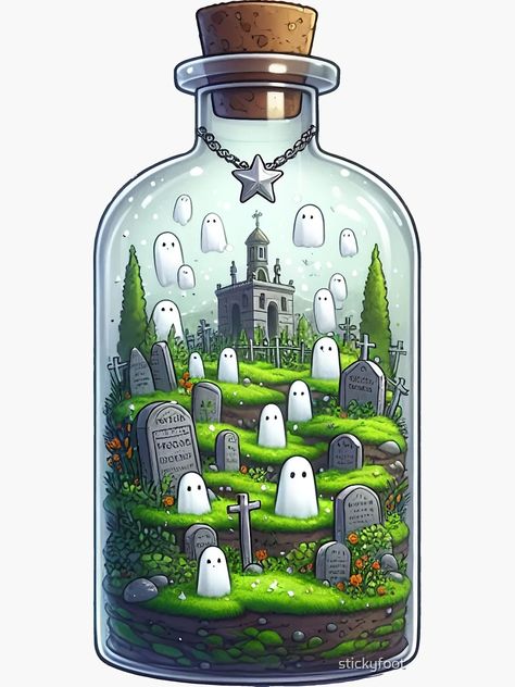 "Ghosts in a Cemetery in a Bottle" Sticker for Sale by stickyfoot | Redbubble Ghost In A Bottle, Bottle Drawing, Prepositional Phrases, Moss Art, Bottle Sticker, Cute Ghost, Girl Scouts, Cemetery, Science Poster