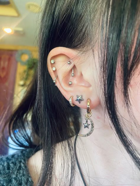 Witchy Piercings Ear, Mixed Metals Piercings, Double Midi Helix Piercing, Alt Earring Stack, Triple Lobe Stack, Celestial Earring Stack, Mixed Metal Ear Stack, Mixed Metals Earring Stack, Mixed Metal Piercings