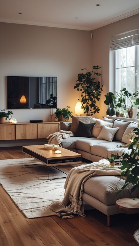 🌿Explore cozy Scandinavian living room ideas with warm wooden flooring, a neutral color scheme, and a comfortable sectional sofa. The space is enhanced with layered textures, lush indoor plants, and natural wood furniture. Large windows bring in soft natural light, creating a relaxing and inviting atmosphere. #ScandinavianDesign #CozyLivingRoom #ModernInterior #NordicStyle #WarmMinimalism #HomeDecorIdeas #NaturalElements #InteriorInspo #HyggeVibes #SmallLivingRoom Natural Wood Living Room, Cozy Contemporary Living Room, Cozy Scandinavian Living Room, Scandinavian Living Room Ideas, Comfortable Sectional Sofa, Warm Wood Flooring, Cozy Scandinavian, Scandinavian Living Room, Natural Wood Furniture